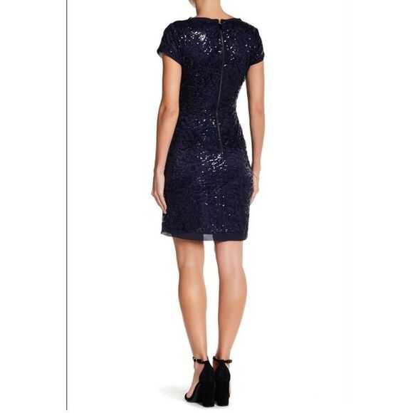 VINCE CAMUTO Navy Blue Mesh Sequin, Cap Sleeve, Cocktail Mini Dress,EUC, Sz. 4 - Picture 1 of 12